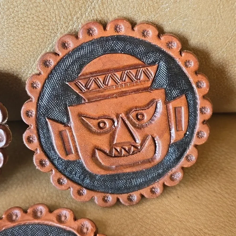 Leather Coaster Set of 3 | Characters AZTEC MAYAN INCA Heads | Hand Tooled